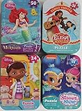 4 Collectible Girls Mini Jigsaw Puzzles in Travel Tin Cases: Disney Kids The Little Mermaid, Shimmer and Shine, Elena Avalor, and Doc MacStuffins Gift Set Bundle (24/50 Pieces)
