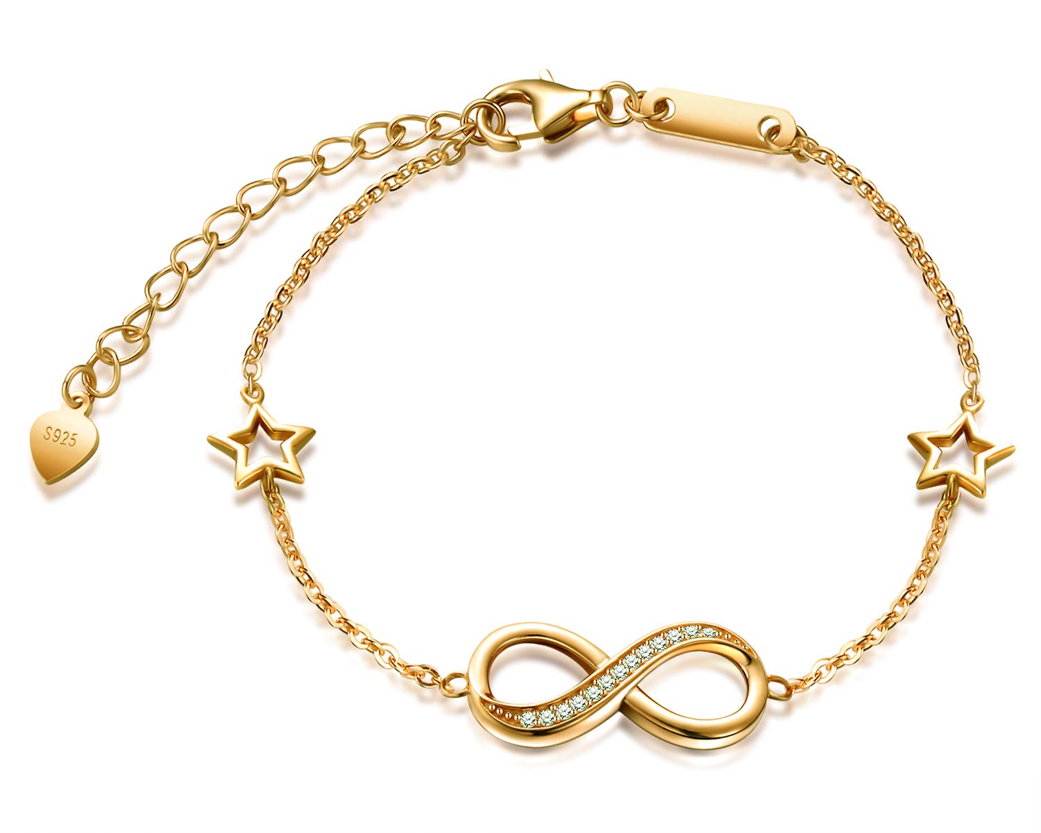 Infinity Symbol Women Girls Bracelet, 925 Sterling Silver Inlaid zircon Bracelet, Adjustable Star Bangle, Gold, Christmas Birthday Gift