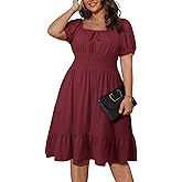 Eytino Plus Size Dress for Women Short Sleeve Square Neck Casual Mini Short Dresses for Wedding Guest(1X-5X)