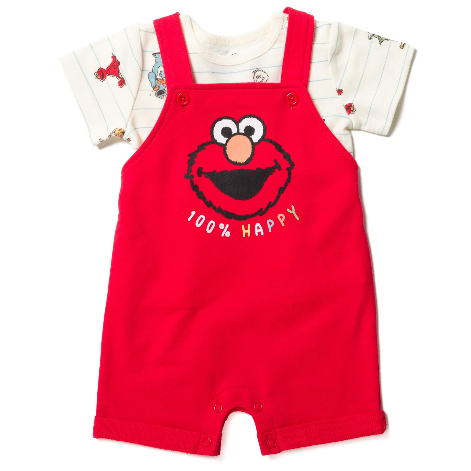 Sesame Street Elmo French Terry Short Overalls T-Shirt and Hat 3 Piece Outfit Set Newborn to Toddler