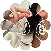 Sttiafay Boho Butterfly Hoop Dangle Earrings Vintage Hollow Butterfly Hook Earrings Hollow Butterfly Wing Earrings Gold Filigree Teardrop Drop Earrings Jewelry for Women