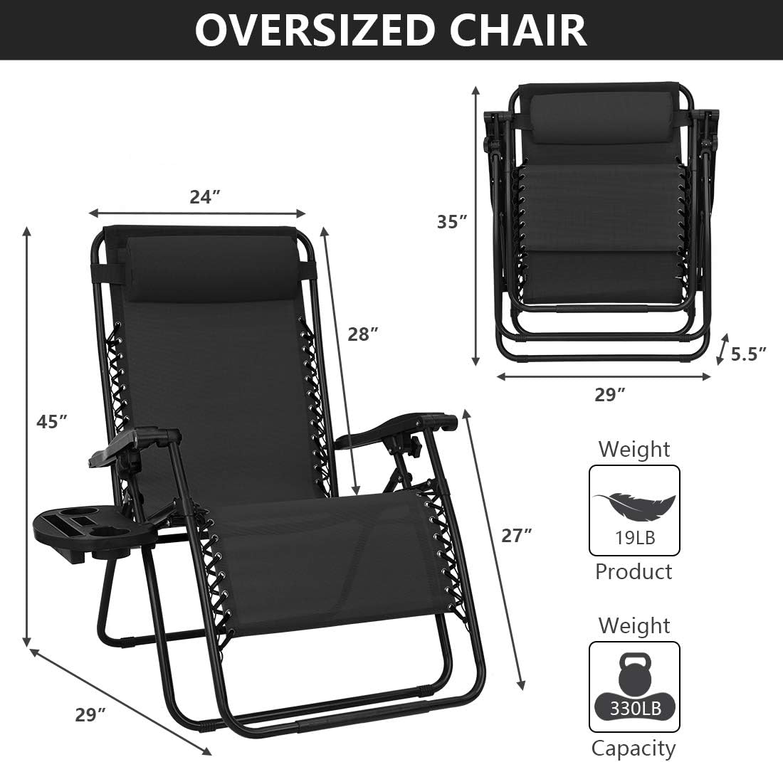 Patio Watcher Oversized Zero Gravity Chair Folding Recliner Chair with Cup Holder Accessory Tray and Removable Pillow for Outdoor Yard Porch Black 1 Chair : Garden & Outdoor