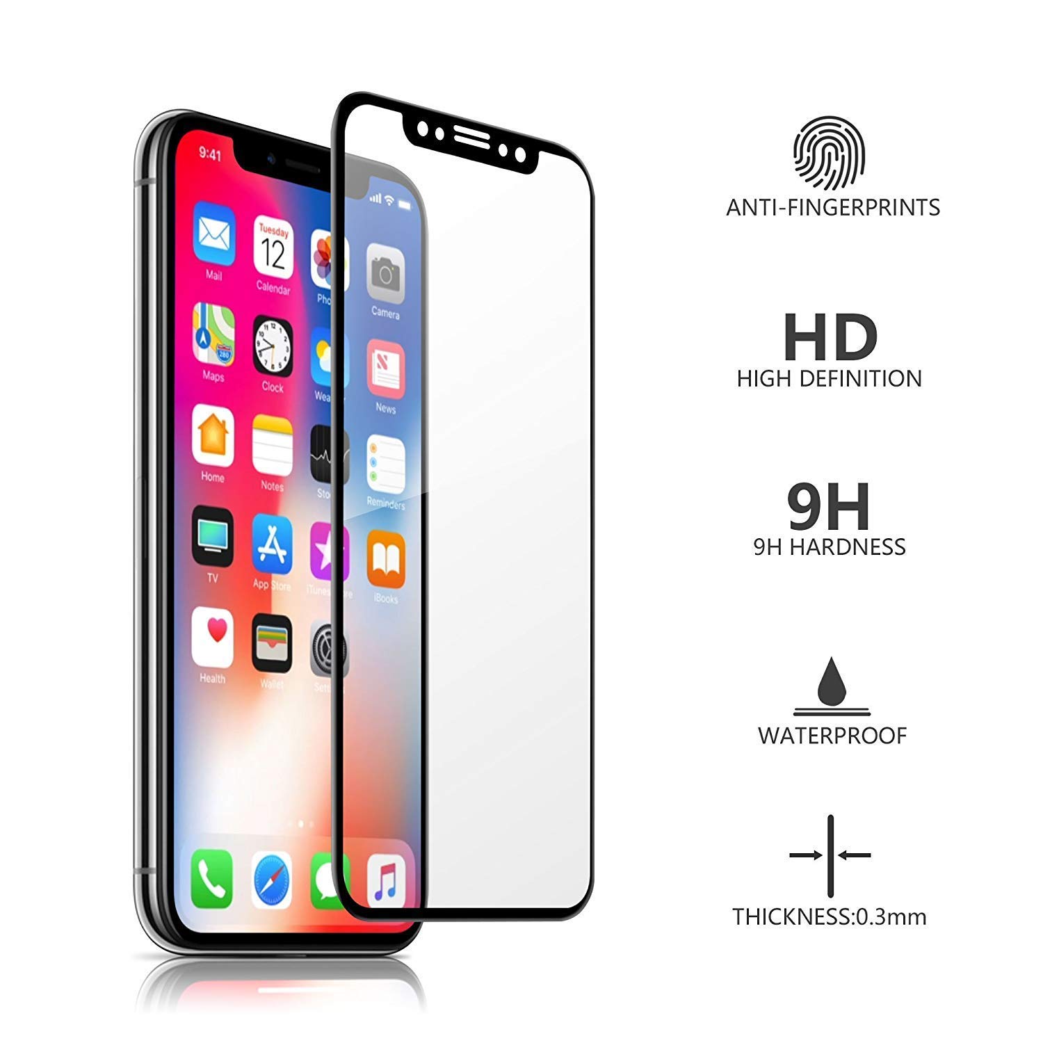 iPhone X Screen Protector,9H Crystal Clear Tempered Glass Screen Protector 3D Full Coverage Protective Film Replacement For Apple iPhone X （Black Color