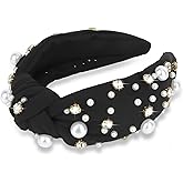 Uintoon Black Headband for Women Pearl Knotted Headband Sparkly Rhinestone Pearls Top Knotted Headbands Fashion Accessories Cute Hair Bands for Women Girls