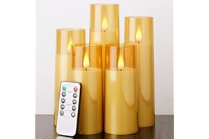 AMAGIC Acrylic Flameless Candles Flickering, LED Battery Operated Candles with Remote Control Timer, Fake Pillar Candle for V