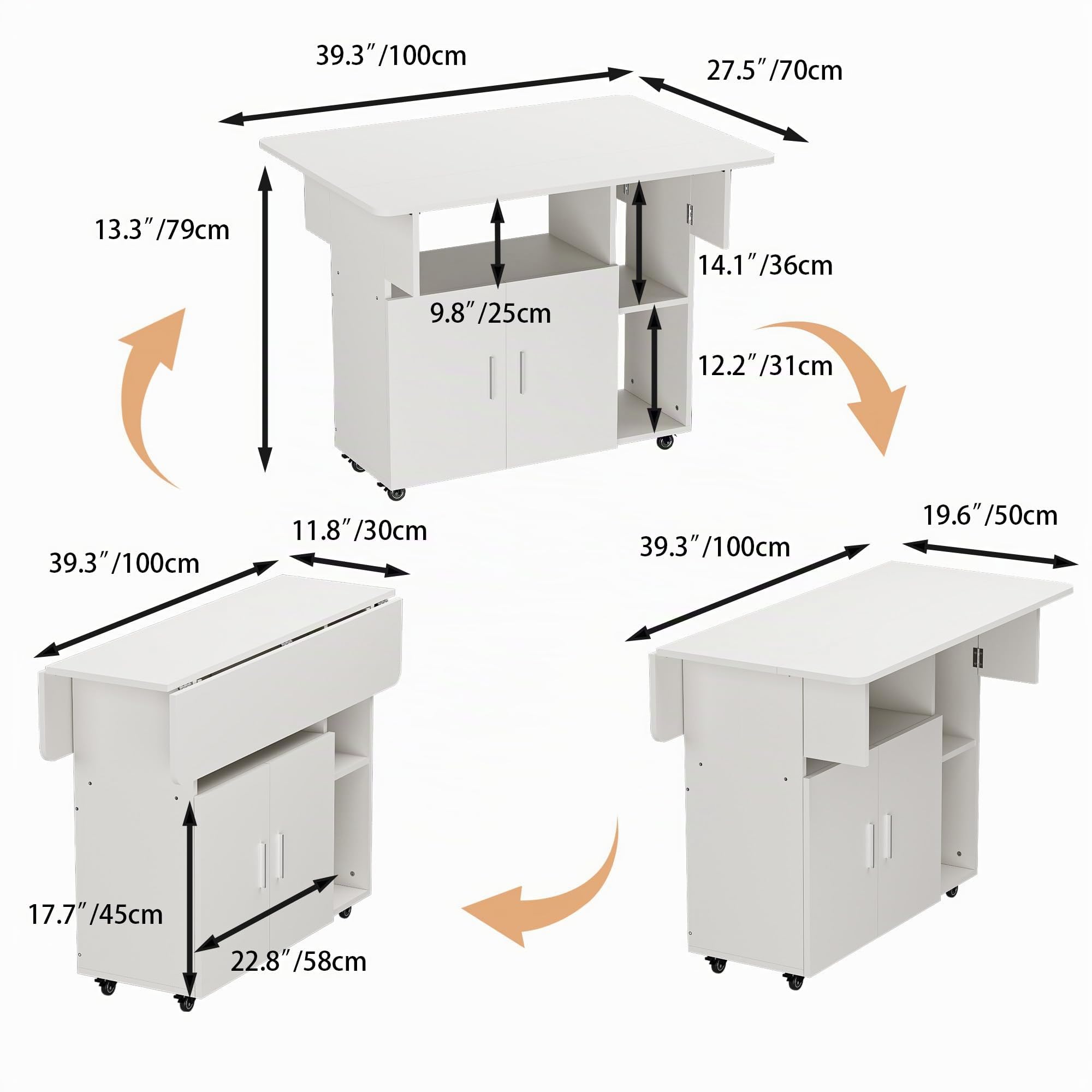 Ztexkee Mobiler Klapptisch Klappbarer Esstisch auf Rädern Klapptisch mit 1 großen Schrank und 3 offenen Fach Sideboard Mobiler Esstisch für kleine Räume Esszimmer Küche 100 x 70 x 79 cm Weiß 2
