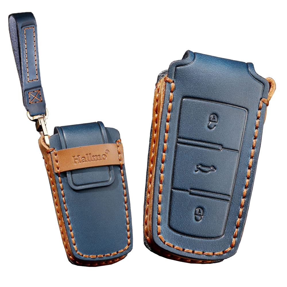 KUNIO Car Key Fob Cover fit for VW CC Magotan Passat B6 B7 3C CC Bora Cady Golf Jetta Polo Sharan Tiguan for Touran Leather Key Chain Key Cover Key Case 3 Buttons Blue