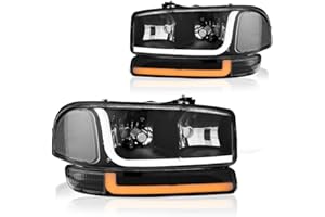 DimFlux LED DRL Headlight, Headlights Assembly Kit Compatible with 1999-2007 GMC Sierra/1999-2006 Yukon Replacement Headlamp Black Housing Clear Reflector