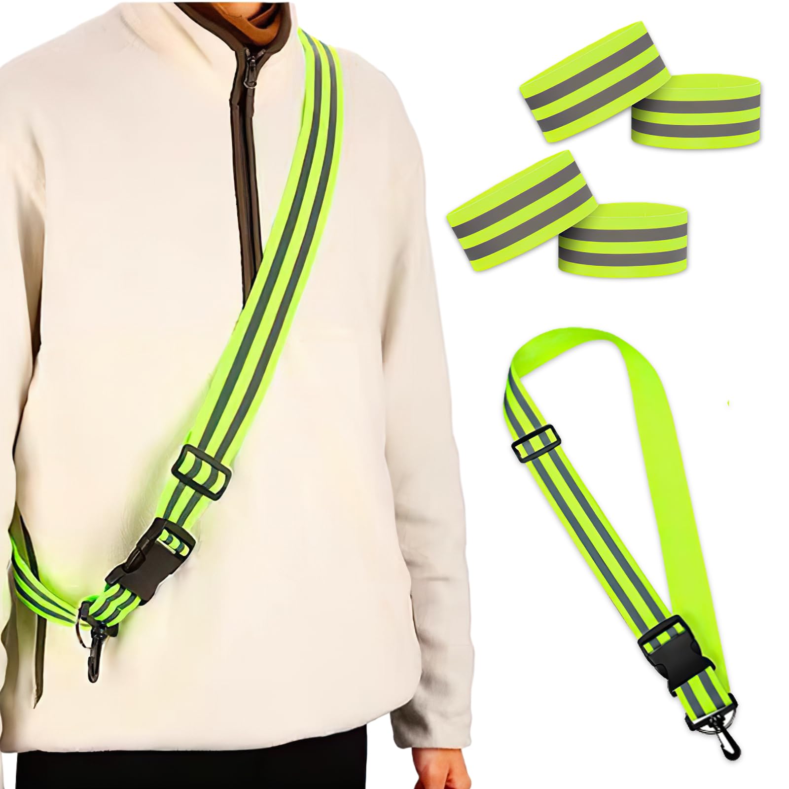 SULIVES Reflective Running Gear Set, High Vis Straps & 4Pcs Reflective Armbands, Reflective Sash for Night Safety in Running and Outdoor Activities