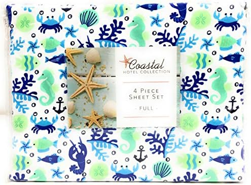 Elite Home 90 GSM Microfiber Coastal Beach-Themed Printed Sheets & Pillowcase Sets, Full, Clearwater Aqua