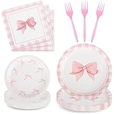 200Pcs Pink Bow Birthday Party Plates Supplies,Conquette Birthday Party Paper Plates,Napkins,and Forks Kit for Girl Bachelorette Bridal Engagement Decoration,Serves 50
