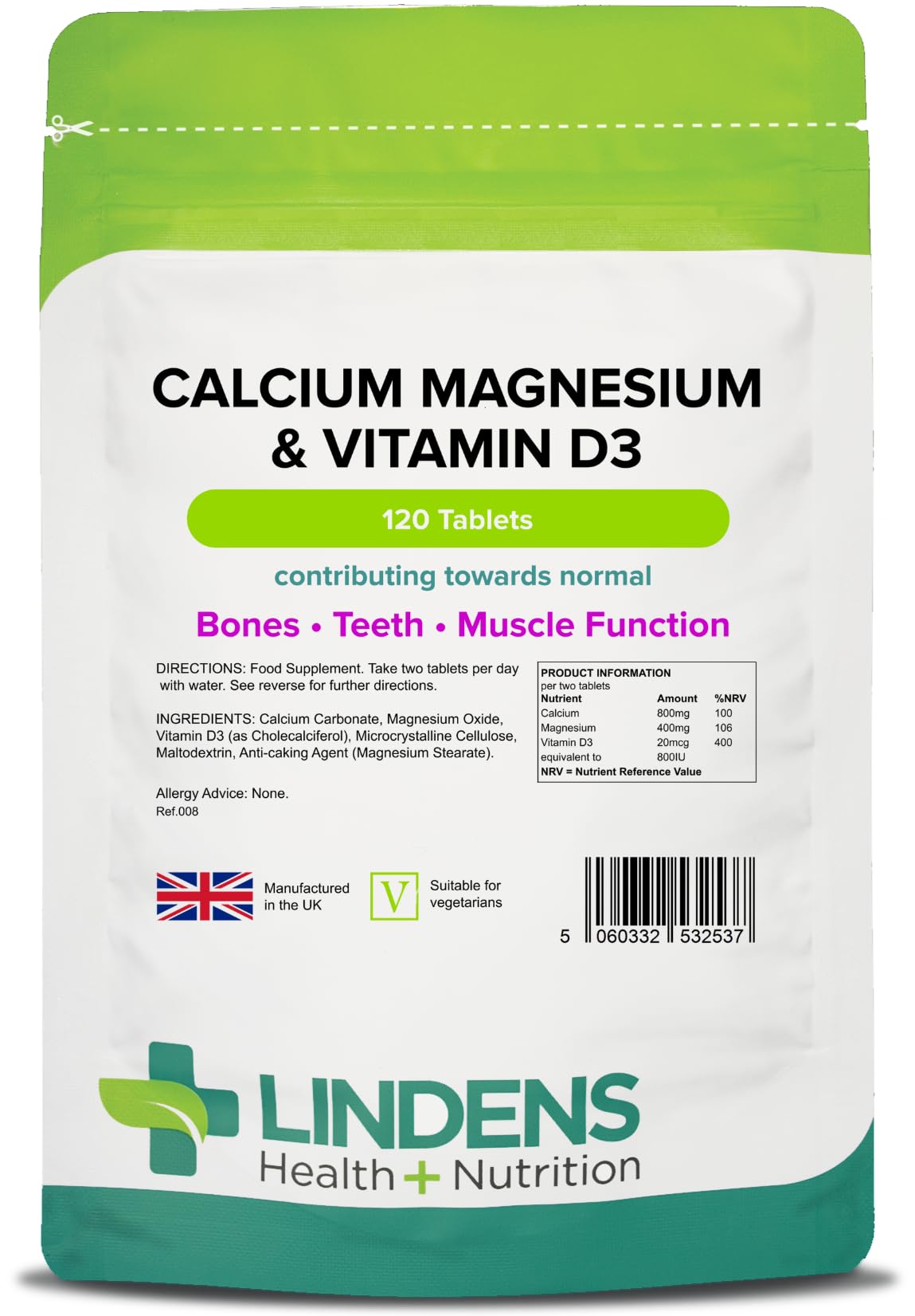 Lindens - Calcium Magnesium & Vitamin D - 120 Tablets - UK Made - Contributes to Normal Bone, Teeth, Muscle & Immune Function, Reduce Tiredness & Fatigue - Letterbox Friendly