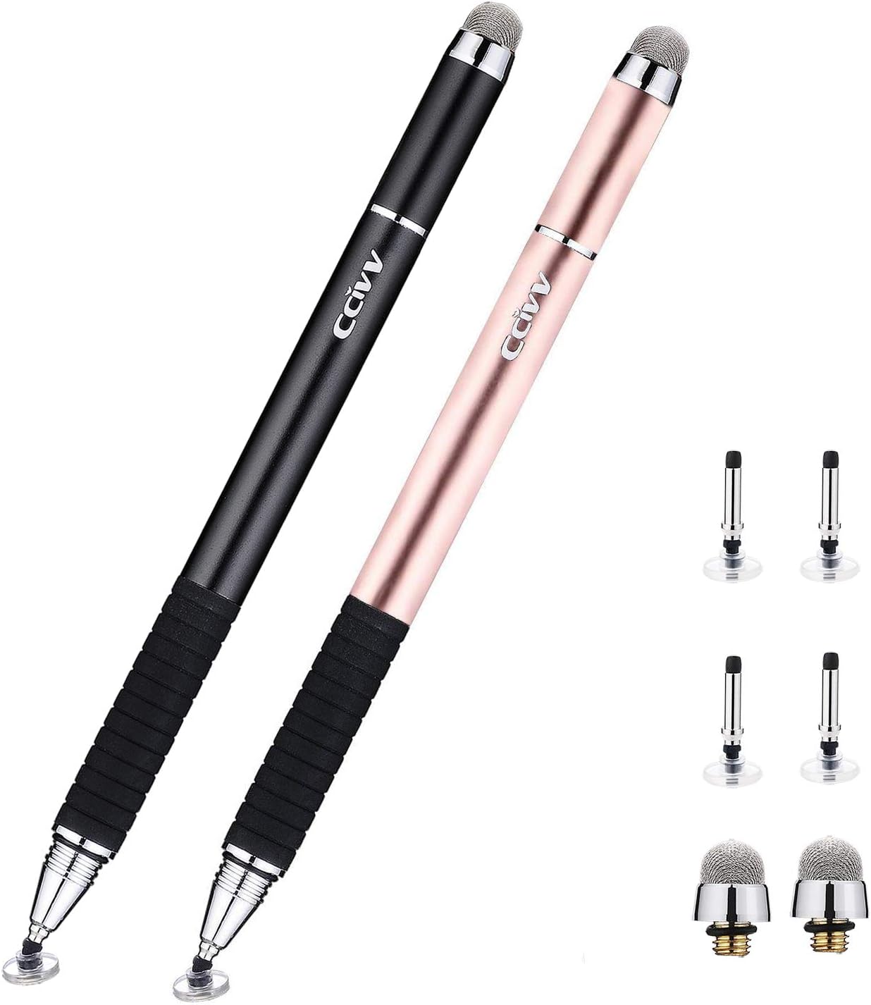 CCIVV Stylus Pen Fine Point & Mesh Tip 2 in 1 for Touch Screen Tablet and Cellphone (2Pcs, Black/Rose Gold)