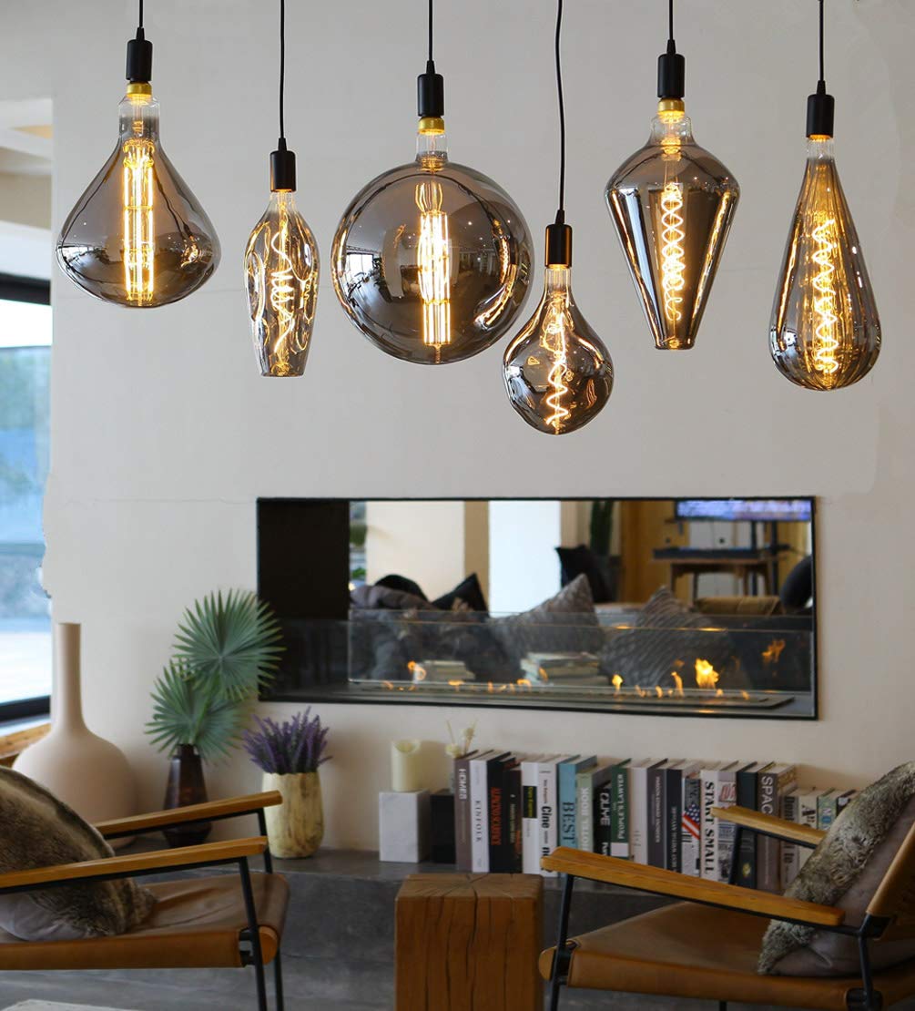 Large Decorative LED Bulb, Vintage Spiral Filament Edison Light Warm Yellow Dimmable 120V/6W Black Glass E26 Decor Lamp 2200K Energy-Saving Light for Home, Bar, Yard (VA115)