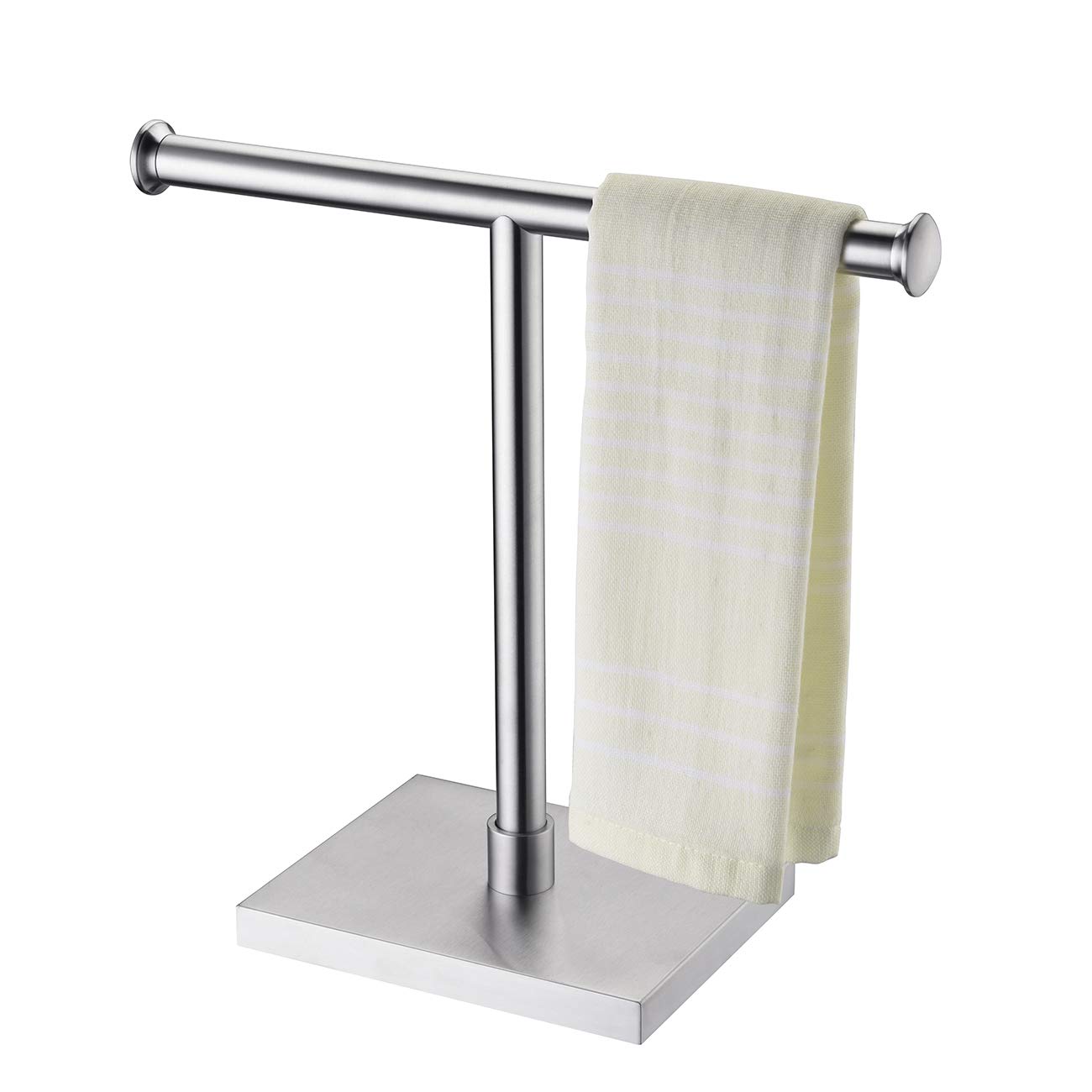 Miyili Freestanding Countertop Towel Holder for Bathroom Kitchen T-Shape Hand Towel Tree Rack, Brushed Stainless Steel Finish, E02N