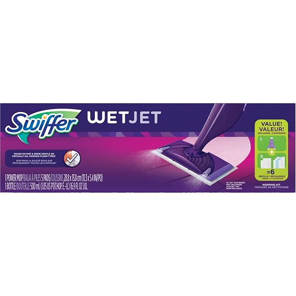 SWIFFER WET JET MOP, FLOOR CLEANER FOR MOPPING WOOD, LAMINATE, TILE IN HOME, BATHROOM, KITCHEN, ALL PURPOSE MULTI-SURFACE CLEANING SET INCLUDES 1 SPRAY MOP, 5 PADS REFILL, 1 FRESH SCENT SOLUTION