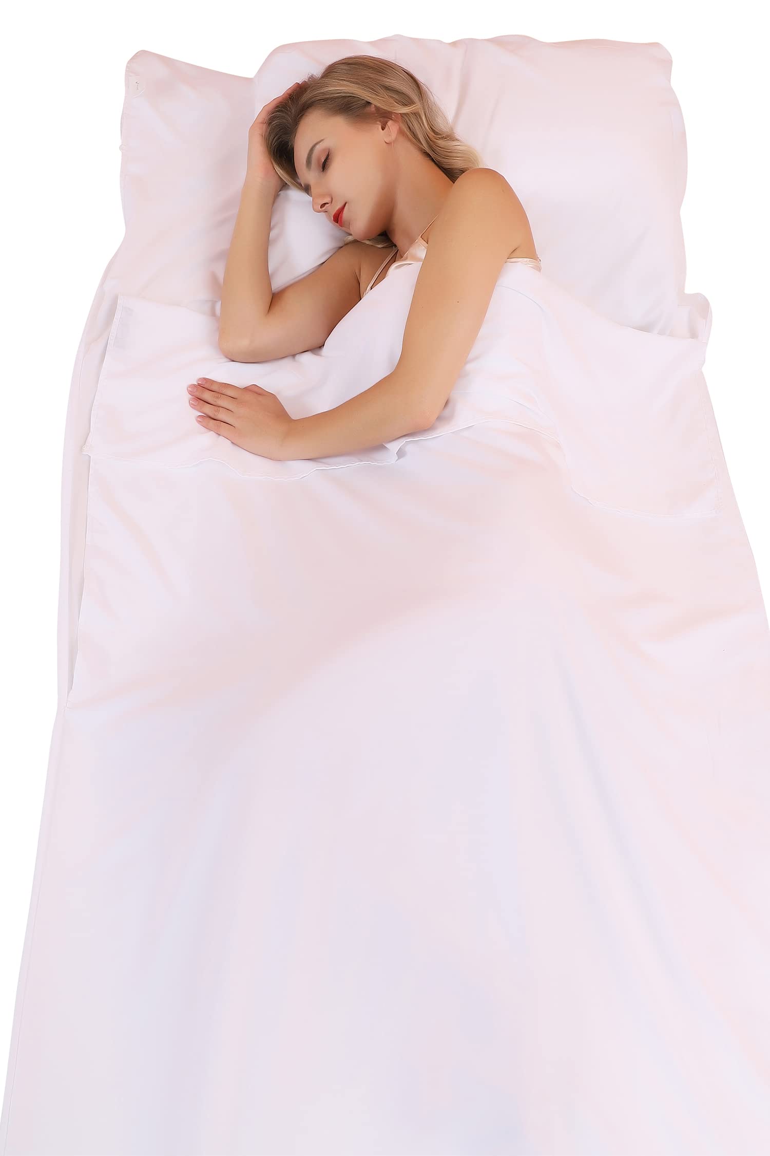 JITTY Sleeping Bag Liner 210x115cm Portable Lightweight Travel Sheet With Pillow Slot for Hotel Hostels Business Camping Backpacking Hiking Home(White)