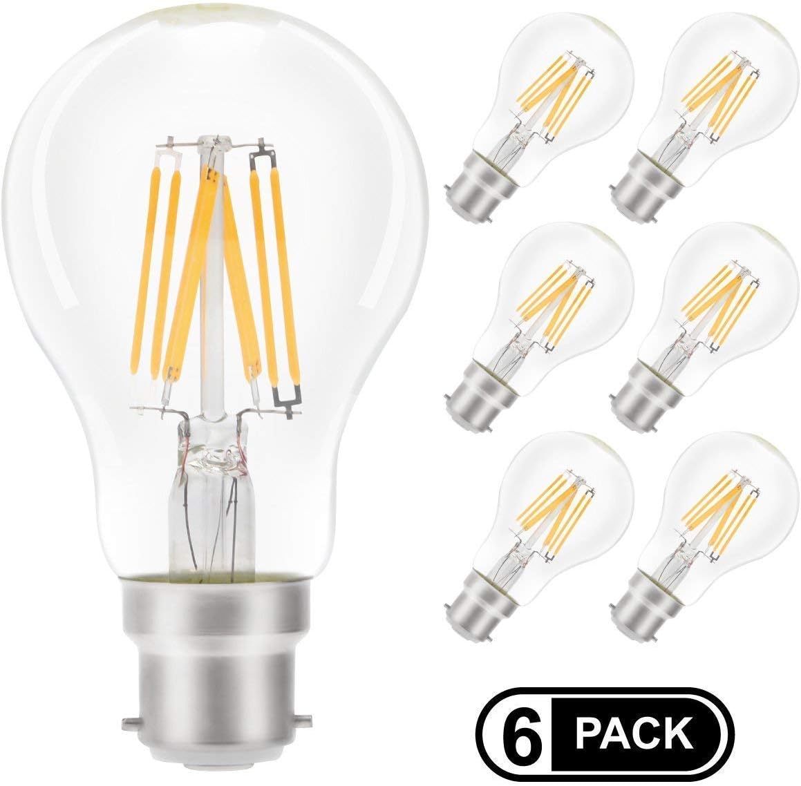 imiGY B22 LED Filament Light Bulb, 8W A60 Bayonet Chandelier Light Bulbs, 80W Equivalent, Warm White 2700K 800Lumens, SES Filament Clear Glass Non Dimmable, 6 Pack [Energy Class A+]