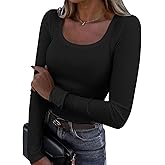 Womens Long Sleeve Shirts Scoop Neck Ribbed Knit Fitted Casual Tops Slim Fitted Basic Tees
