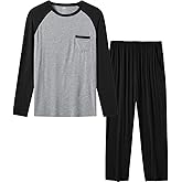 MoFiz Mens Pajama Sets Comfy Long Sleeve Sleepwear Top Solid Pyjama Pants with Pocket 2 Piece Loungewear PJs Sets for Men