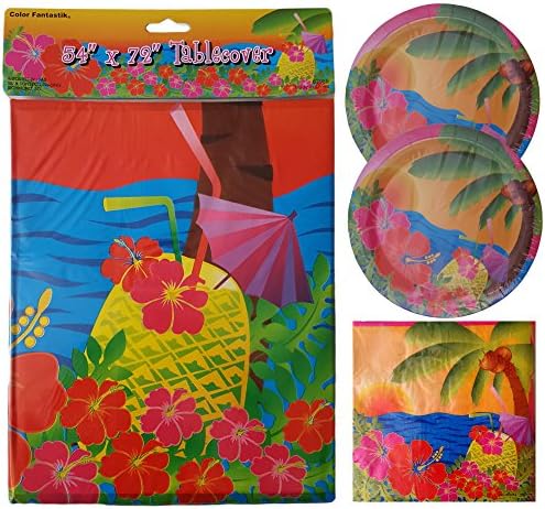 Tropical Luau Birthday/Dessert/Cocktail Party Bundle (Includes 16 Dessert Plates, 24 Beverage Napkins and 1 Tablecloth)