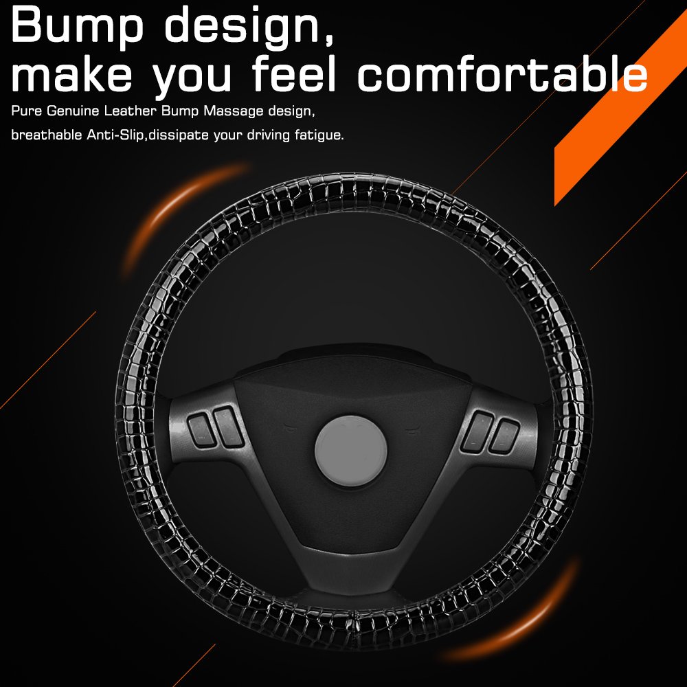 Car Steering Wheel Cover,Durable Crocodile Skin Anti-slip Universal Middle Size 15 Inch Black Nasibo