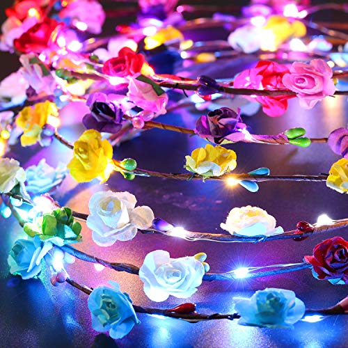 LED Flower Crowns Headband, JUSTDOLIFE 12 Pack LED Flower Wreaths with 10 LED Light Up Luminous Flower Headdress for Girls Women Bar Party Birthday Wedding Holiday