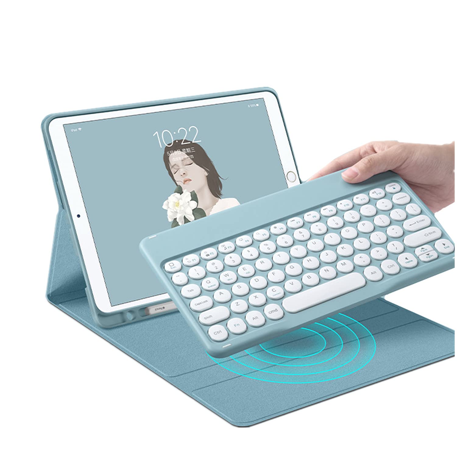 SENLAN iPad 10.2 '' 9th 8th 7th generation Air 3 Pro10.5 '' keyboard cover Stylish and Cute round keycap Smart Magnetically detachable BT keyboard for iPad 9 iPad 8 iPad 7 (iPad10.2''/10.5'', Blue)