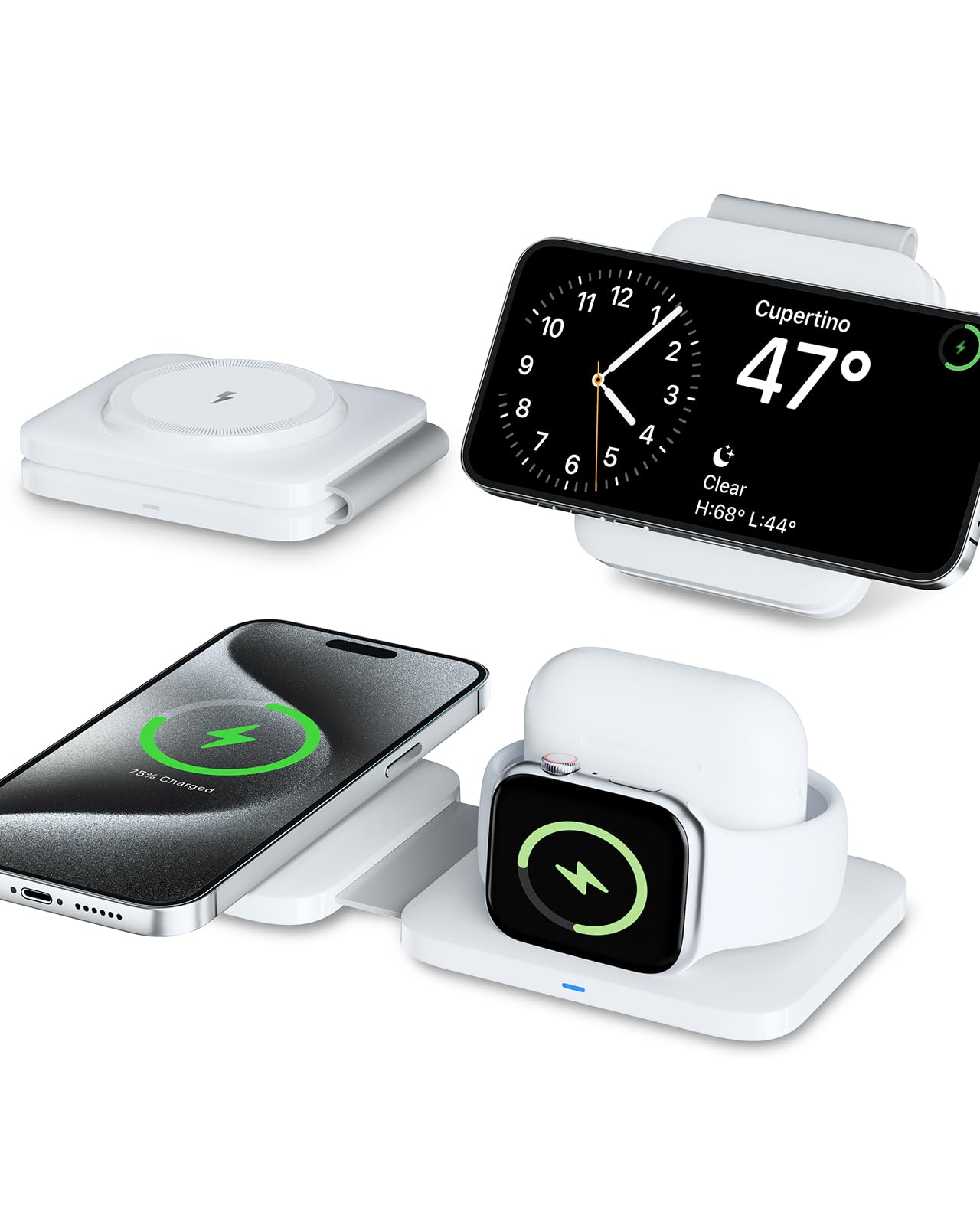 Photo 1 of 3 in 1 Charging Station for Apple Multiple Devices, Foldable Travel Wireless Charger for iPhone 16 15 Pro Max 14 Plus 13 12, Apple Watch Charger Ultra2 10 9 8 7 6 5 4 3, for AirPods Pro 4 3 2 (White)
