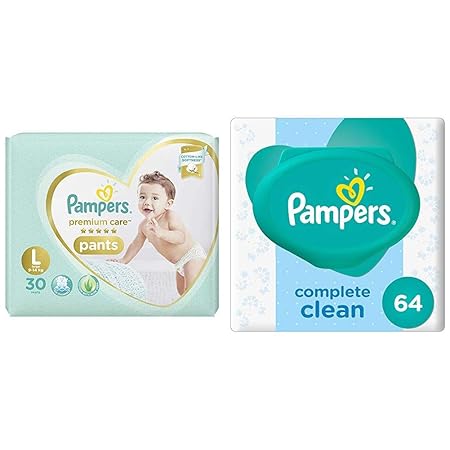 Pampers Premium Care Pants Diapers, Large, 30 Count & Pampers Fresh Clean Baby Wipes (64 Count)