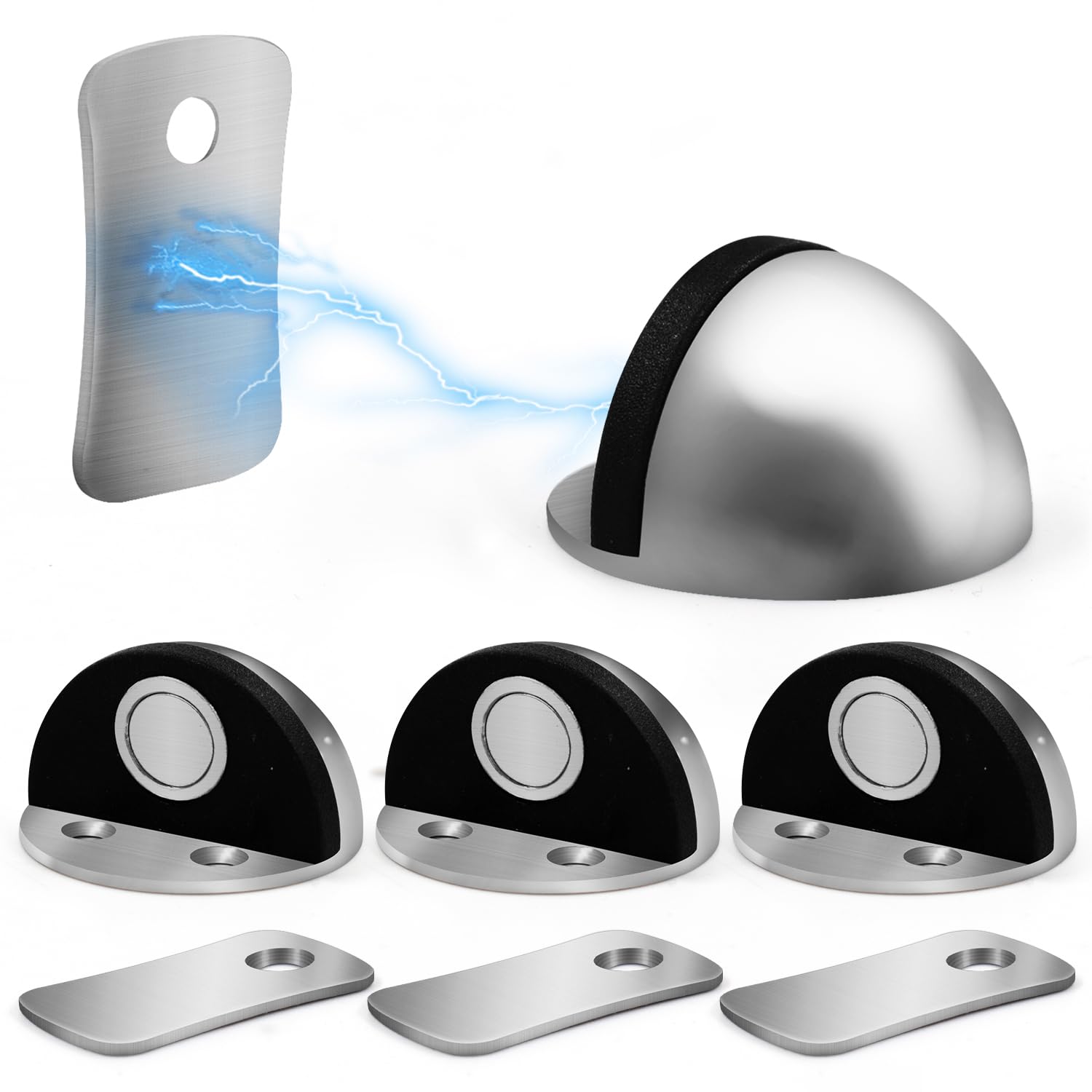 Joeji's 4pcs Set Magnetic Doorstops - Door Stoppers Protector for Floor with Magnetic Door Catch - Heavy Duty Door Stopper - Durable Stainless Steel - Silver