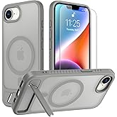 for iPhone 16E case: [fit for Magsafe] Strong Magnetic & Invisible Stand, Military-Grade Drop Protection with Screen Protector, Adjustable Kickstand Frosted Translucent Matte Phone Case, Smoky Gray