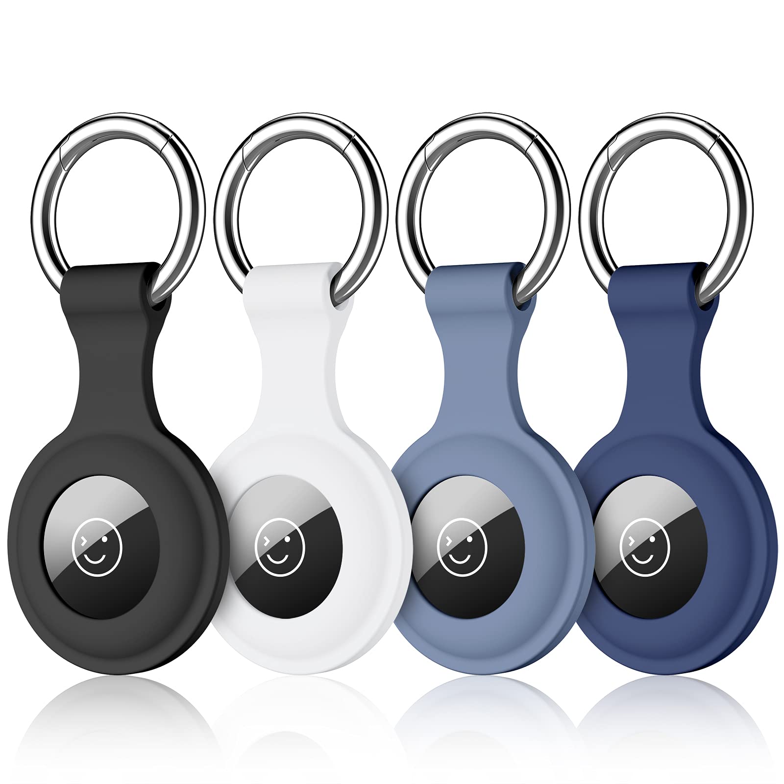 Dirrelo Keyring Compatible with Apple Airtag Holder Case, 4 Pack Silicone Case Tracker keychain Key Ring for Men Women, Safety Anti-lost Protector Case Cover, Black+White+Blue gray+Blue
