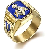 SMANXEY Men's Blue Enamel Masonic Ring Master Mason Symbol, Vintage Freemason Gold Titanium Steel Jewelry