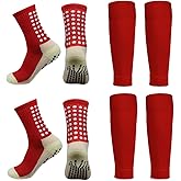 2 Set Anti-Slip Grip Soccer Socks with Shin Guard Sleeves, Sports Athletic Socks for Men Women
