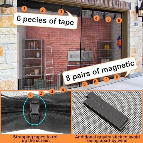 Garage Screen Door for 2 Car 16x7FT, Garage Door Screen, Garage Screen Doors for 2 Car Garage Mesh Magnetic Garage Net Screen Retractable Pull Down and Roll Up with 6 Strapping Tape-Black