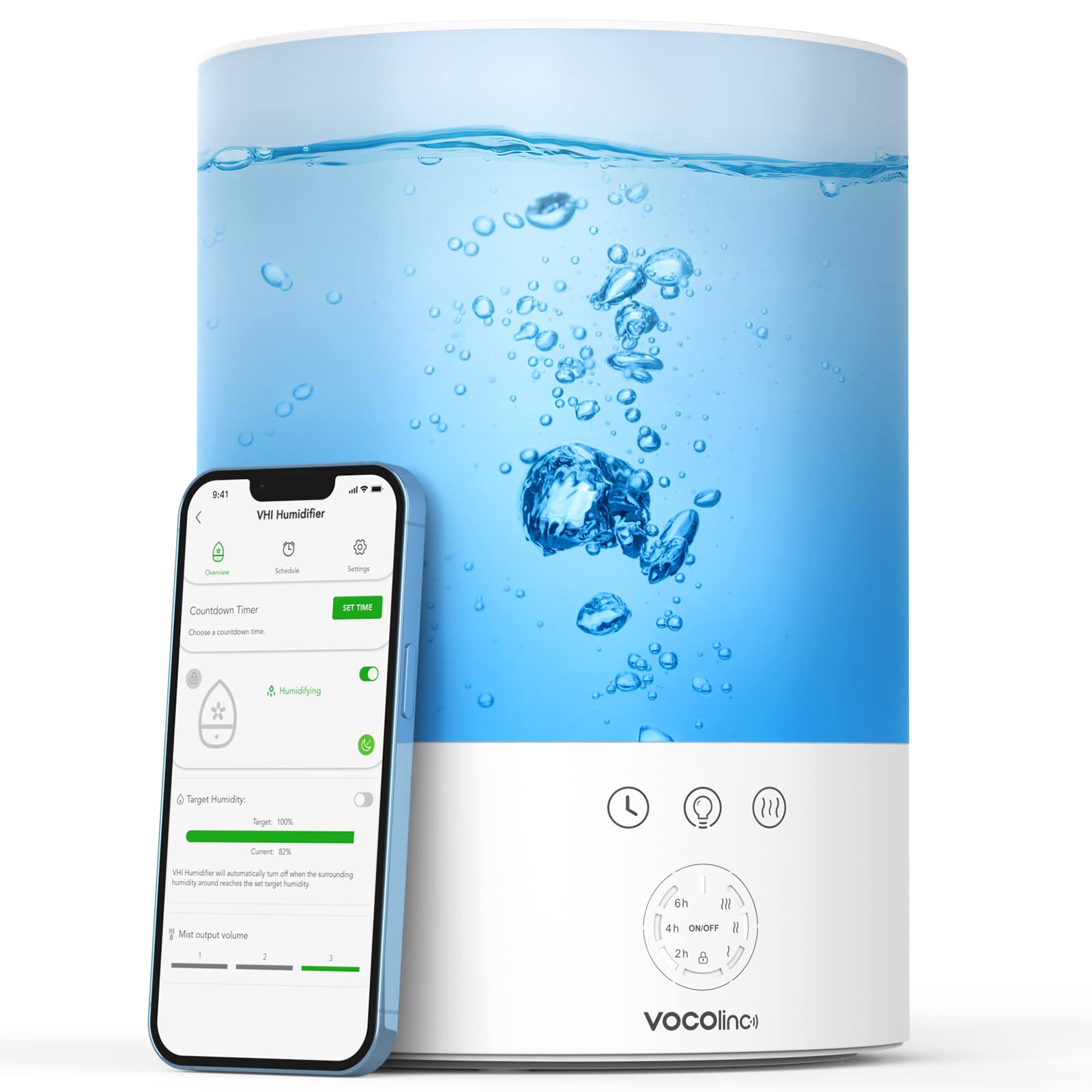 VOCOlinc Smart Humidifier for Bedroom 2.5 L, with Target Humidity, 16M Colors, Timer, Quiet Operation, Child Lock, Auto-off, Works with Homekit, Alexa, Google Home, Up to 20H for 40 ㎡ (VHI) (plain)
