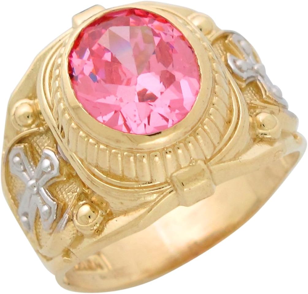14k TwoTone Gold Mens Simulated Pink Tourmaline October Birthstone
