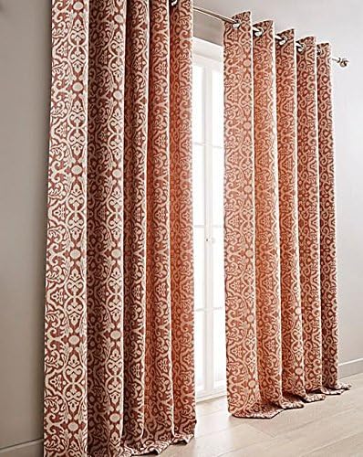 WOVEN DAMASK JACQUARD FULLY LINED TERRACOTTA CREAM 65" X 90" - 165CM X 229CM RING TOP CURTAINS DRAPES