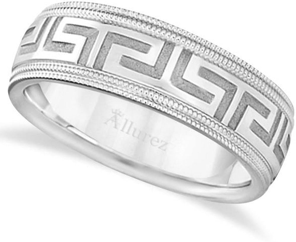 Unique Diamond Cut Ring Carved Greek Key Wedding Band For Men in 18kt