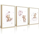 Bear Nursery Wall Art Decor Set of 3 Teddy Bear Wall Art Baby Girl Canvas Wall Decor Pink Pictures Balloon Nursery Children Prints Artwork Moon Star Cloud Art for Boys Room Bedroom 16x24 Inch Framed