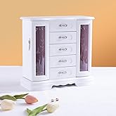 Stufurdecor Jewelry Boxes For Women,Handle Caebing Craft Wooden Jewelry Box,With 12Hooks And Velvet Lining White Jewelry Boxes,Suitable As Gift For Friends
