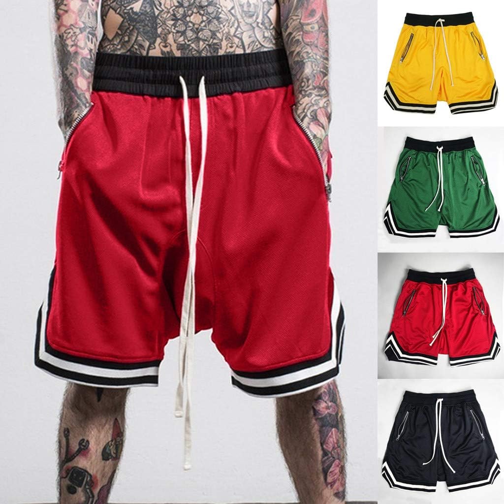 UOFOCO Men's Fashionable Solid Color Elastic Drawstring Shorts Casual Mesh Pocket Sports Short Pants | 