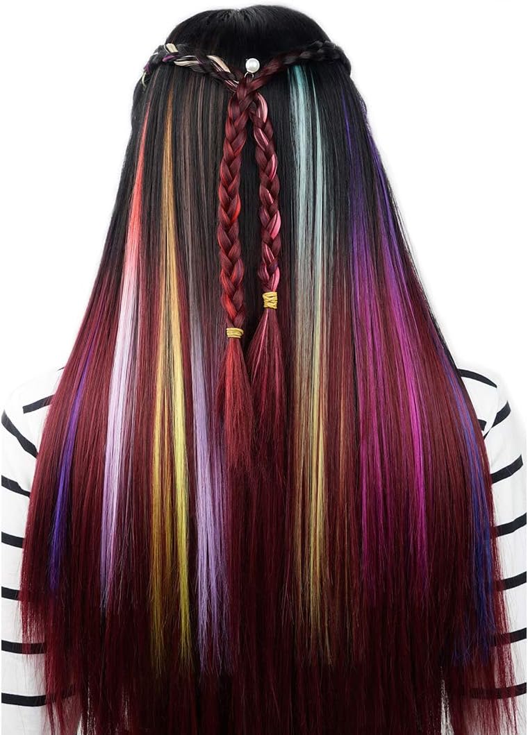 Bileaf 20pcs Colored Clip in Hair Extensions for Kids Ombre Synthetic Colorful Straight Clip on Hair Pieces(Mixed Colors)