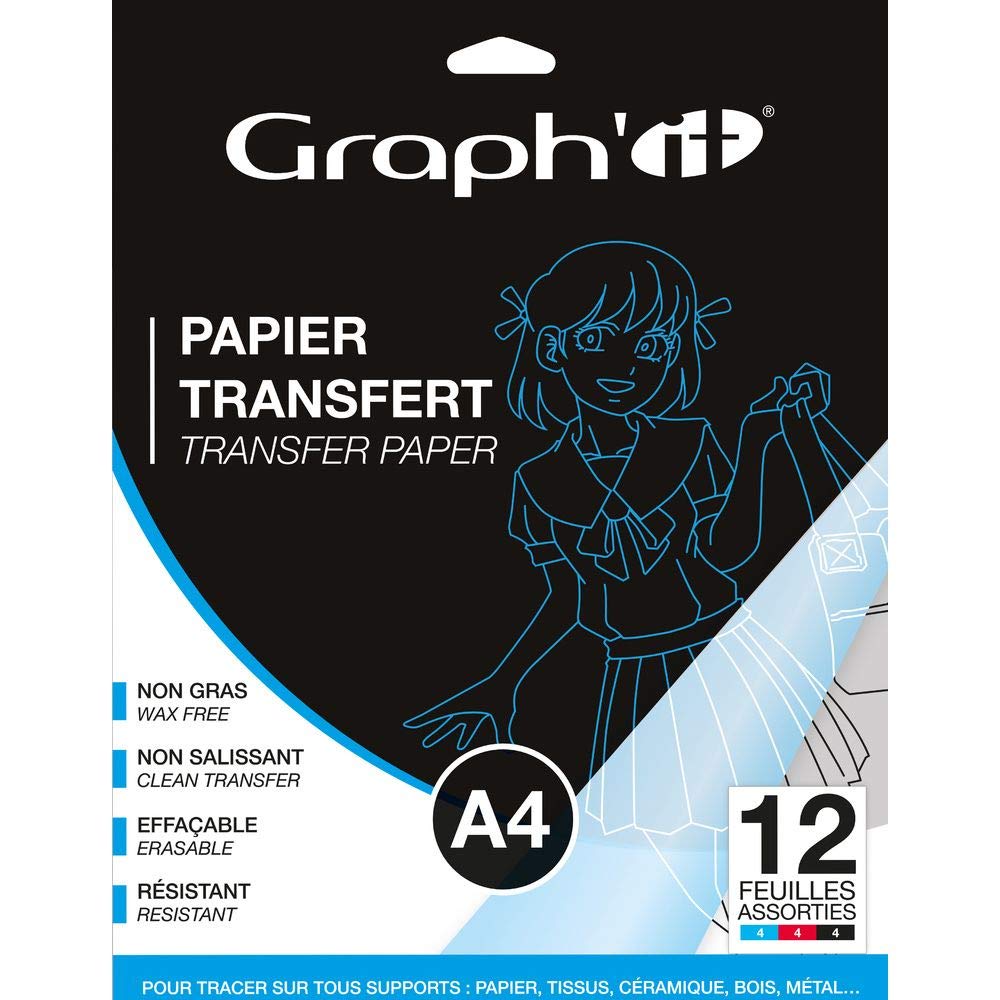 Graph'It - Pack of 12 Sheets of Non-Greasy, Dirt-Free Transfer Paper - Erasable and Resistant - A4 Size - Assorted Colours Black, Red and Blue