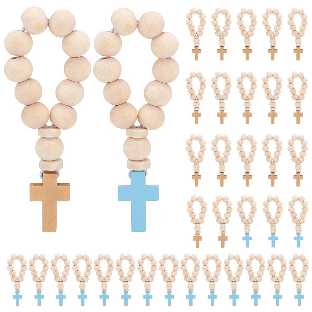 OLYCRAFT 36Pcs Wooden Rosary Beads with Cross Pendant PapayaWhip Wood Rosary Beads with Wood Bead and Elastic Cord Rosarys Bead for Women Men Baptism First Communion Confirmation -84mm