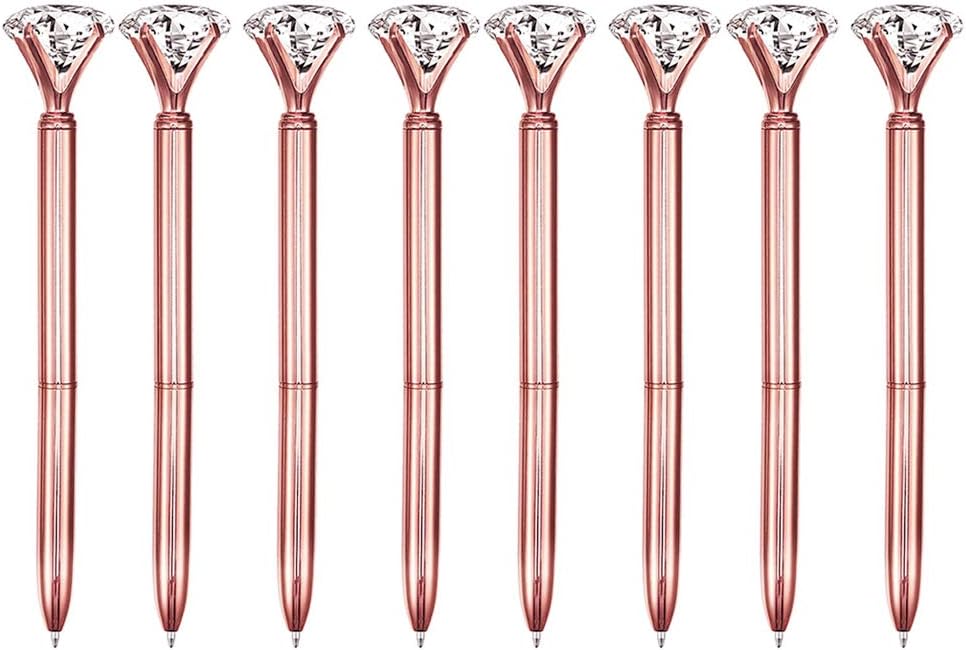 LA HUATE 8pcs Big Crystal Diamond Pens Metal Ballpoint Pens Black Ink Business School Office Supplies, Rose Gold