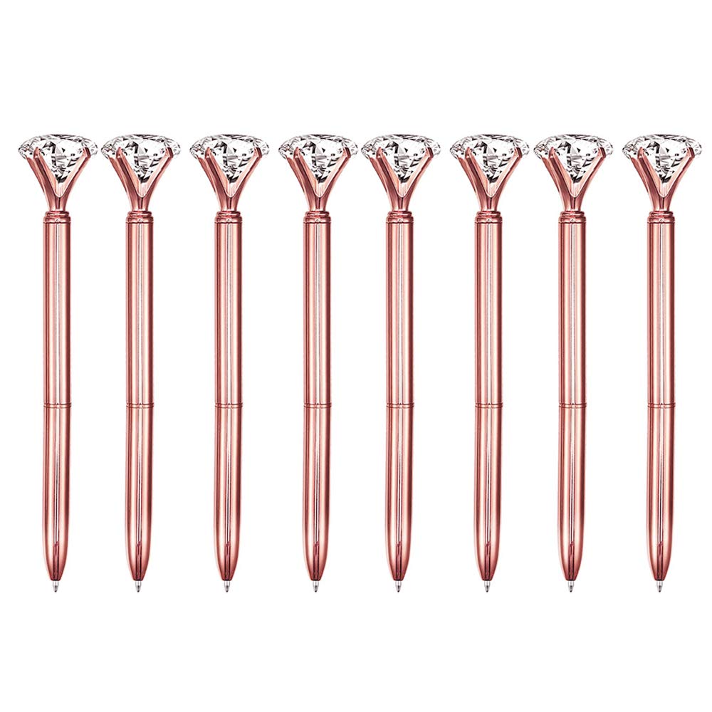 LA HUATE 8pcs Big Crystal Diamond Pens Metal Ballpoint Pens Black Ink Business School Office Supplies, Rose Gold