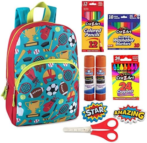 Back to School Sports Kids Backpack for boys or girls. 55 Count School Supplies Bundle
