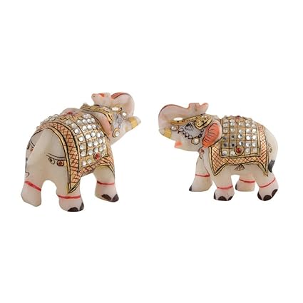 Gaura Art & Crafts Marble Elephant Decorative Meenakari Emboss Painting Golden Color Art Work 2.5 Inch Pair Set